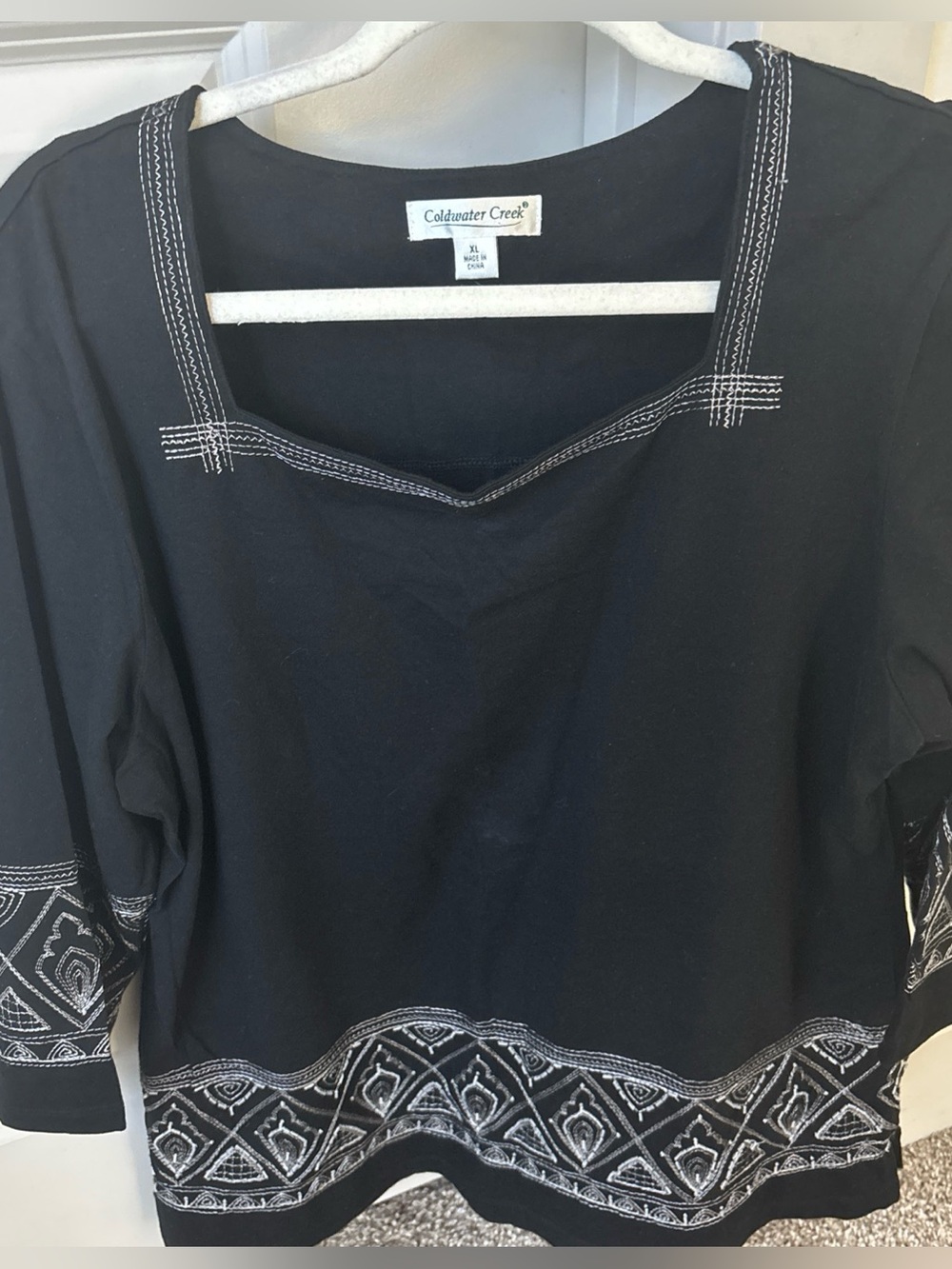 Coldwater Creek Black Tunic with White Geometric Embroidery